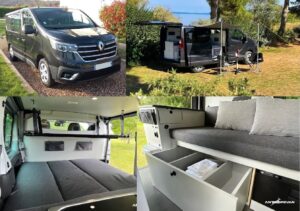 Fourgon aménagé Renault pour camping et voyages.