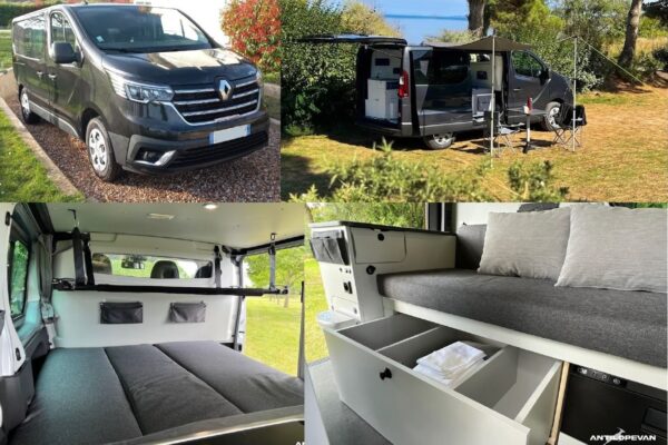 Fourgon aménagé Renault pour camping et voyages.