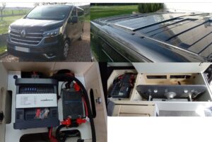 Fourgon aménagé, panneaux solaires, équipement électrique intérieur.
