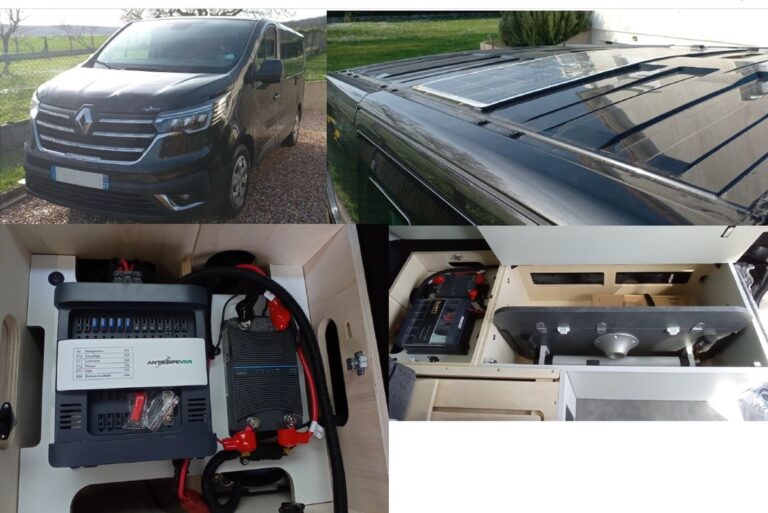 Fourgon aménagé, panneaux solaires, équipement électrique intérieur.