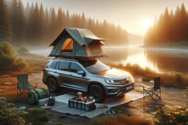 Camping au bord d'un lac au lever du soleil.