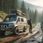 Homme avec 4x4 équipé en forêt montagneuse.