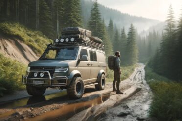 Homme avec 4x4 équipé en forêt montagneuse.