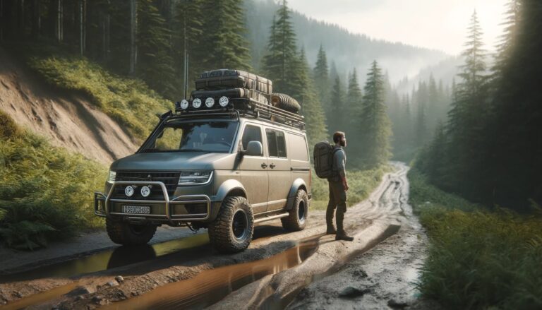 Homme avec 4x4 équipé en forêt montagneuse.