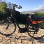 Vélo électrique noir stationné devant un paysage verdoyant.