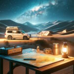 Camping désertique sous ciel étoilé avec voiture et matériel.