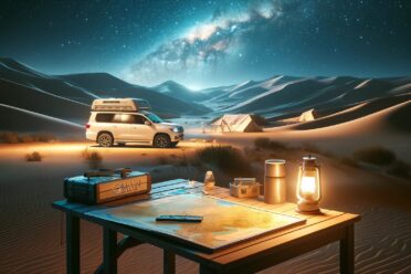 Camping désertique sous ciel étoilé avec voiture et matériel.