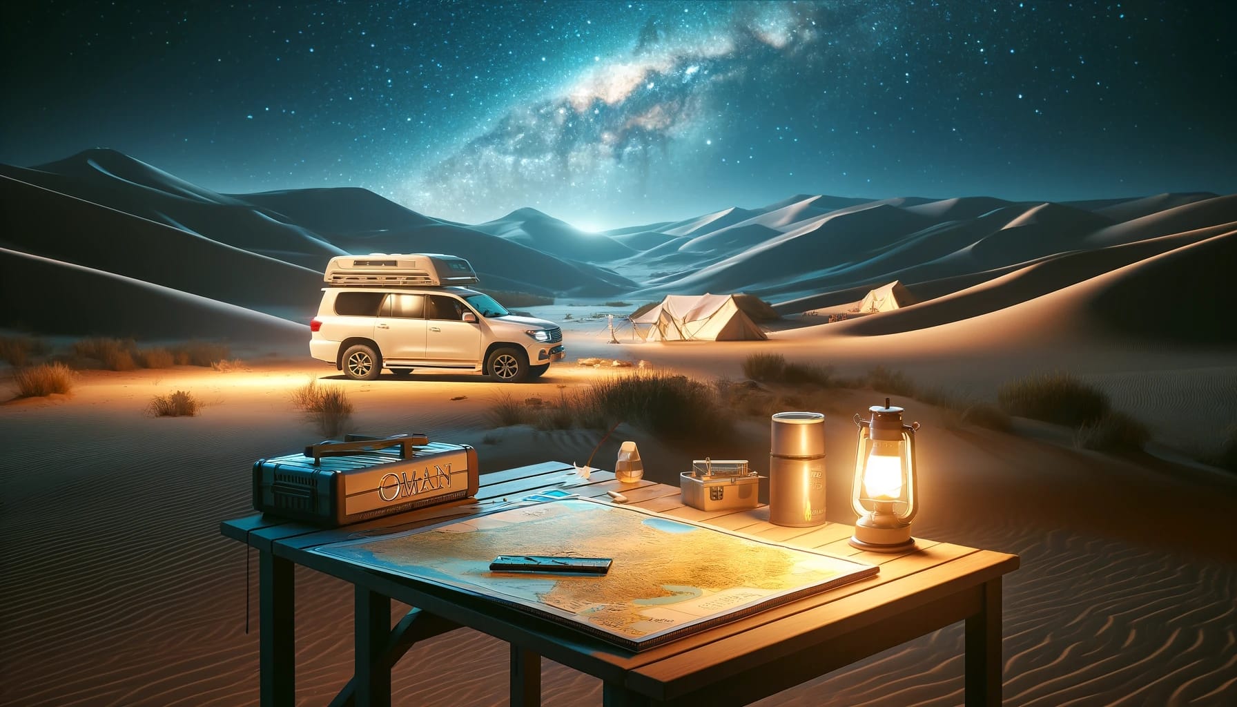 Camping désertique sous ciel étoilé avec voiture et matériel.