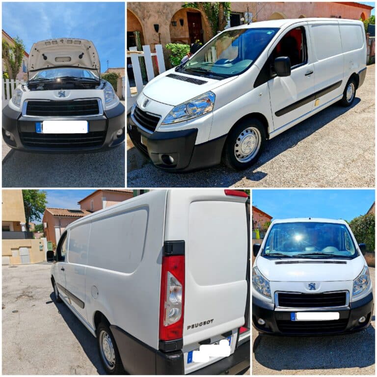 Fourgonnette Peugeot blanche sous divers angles.