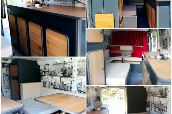 Moderne Inneneinrichtung und mit Campervan ausgestattet.