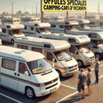 Parking de camping-cars d'occasion, clients observant.