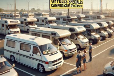 Parking de camping-cars d'occasion, clients observant.