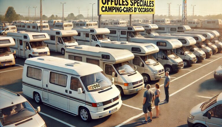 Parking de camping-cars d'occasion, clients observant.