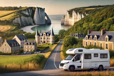 Camping-car passant près du château et falaises en France.