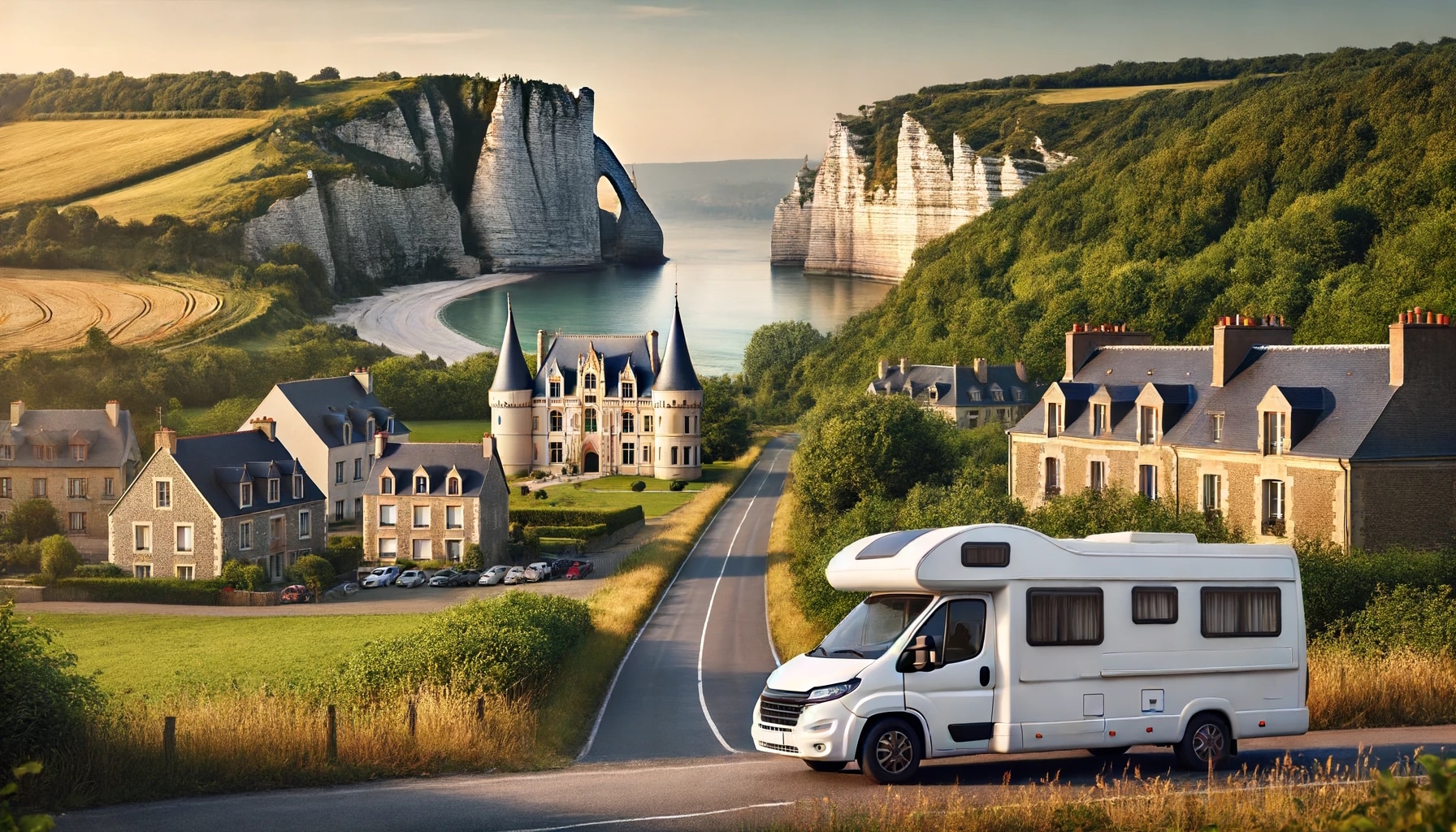 Camping-car passant près du château et falaises en France.