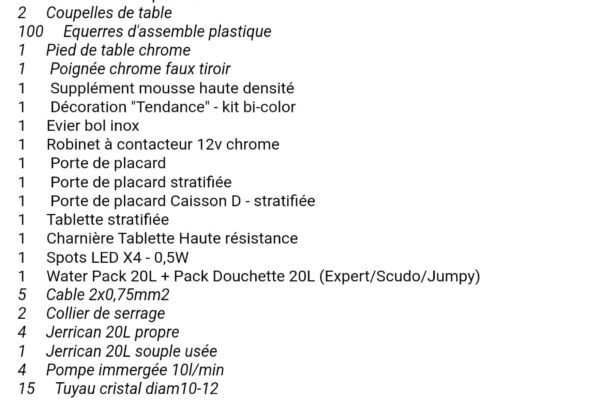 Vollständige Liste von Zubehör für Ausbau Fahrzeug.