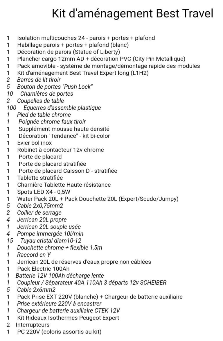 Liste complète d'accessoires pour aménagement véhicule.