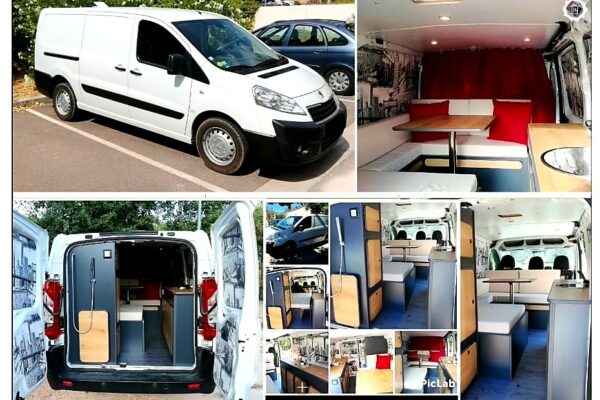 1TP239Weißenette, die als Wohnmobil ausgebaut ist, innen und außen.