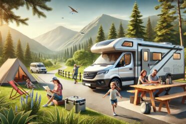 Camping familial en montagne avec camping-car et tente.