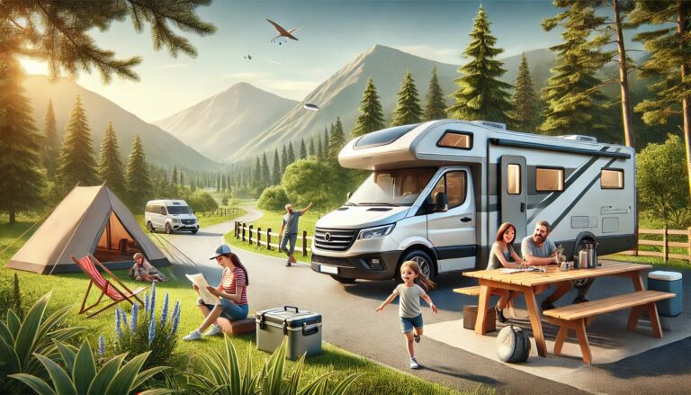 Camping familial en montagne avec camping-car et tente.