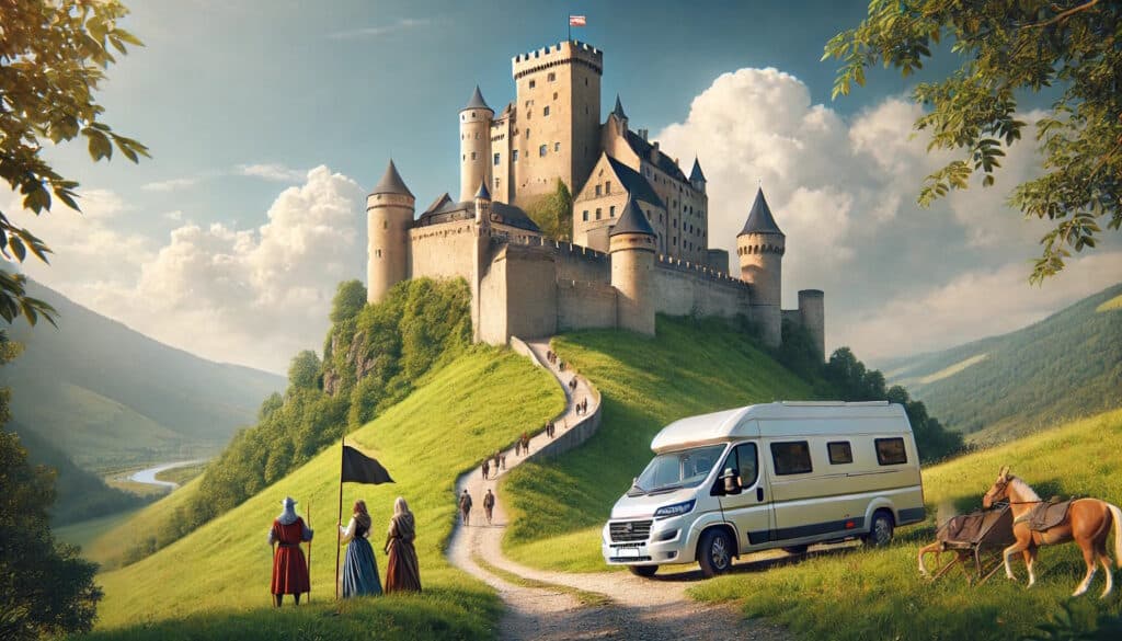 Château médiéval sur colline avec caravan et personnages
