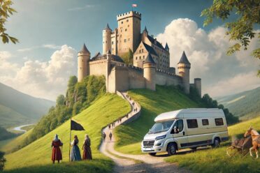 Château médiéval sur colline avec caravan et personnages