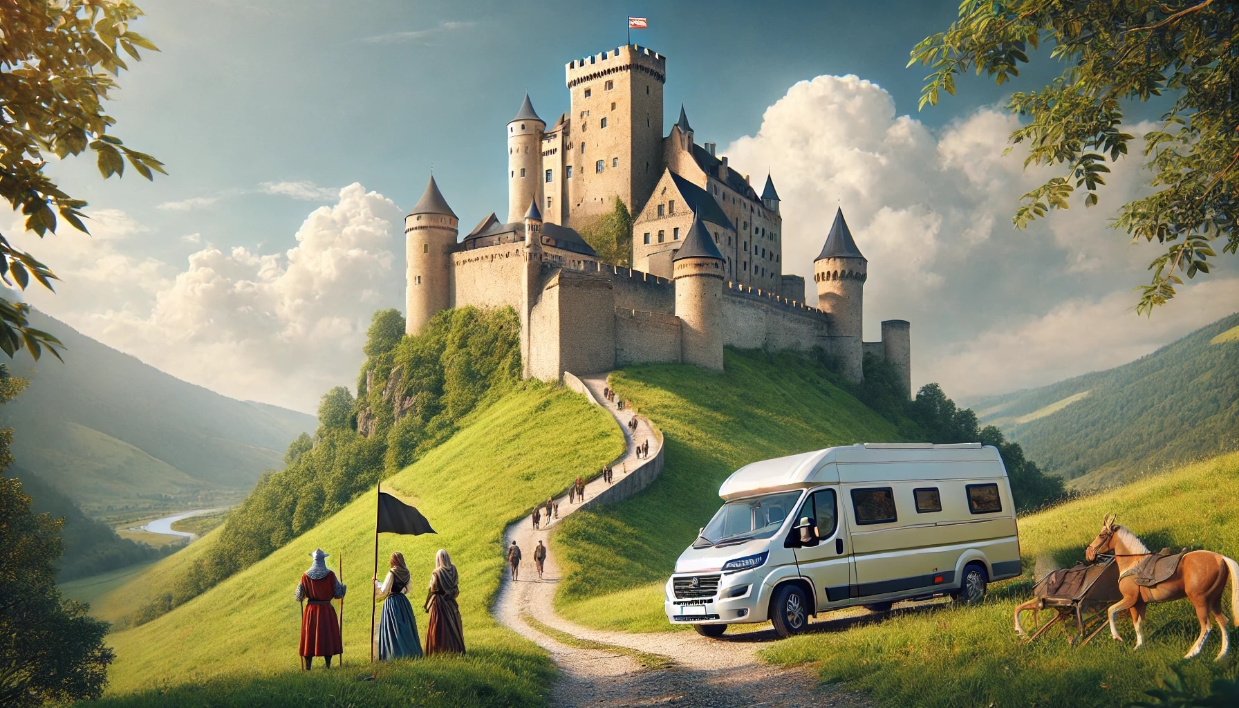 Château médiéval sur colline avec caravan et personnages