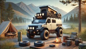 Véhicule tout-terrain équipé près d'un campement montagnard