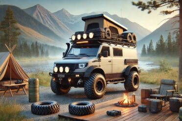 Véhicule tout-terrain équipé près d'un campement montagnard