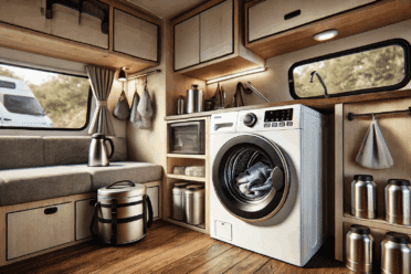 Intérieur moderne de camping-car avec lave-linge