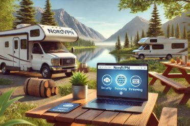 Camping-car NordVPN au bord d'un lac tranquille