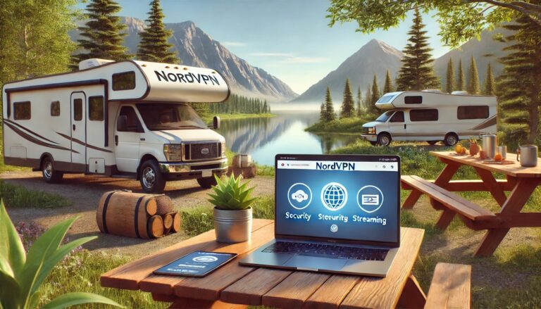 Camping-car NordVPN au bord d'un lac tranquille