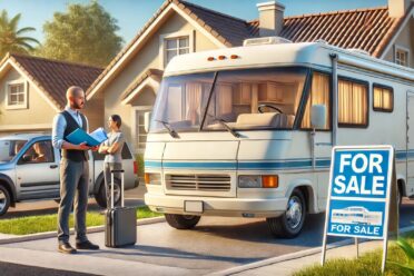 Vente de camping-car devant maison ensoleillée