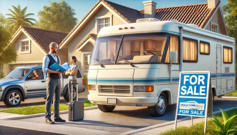 Vente de camping-car devant maison ensoleillée
