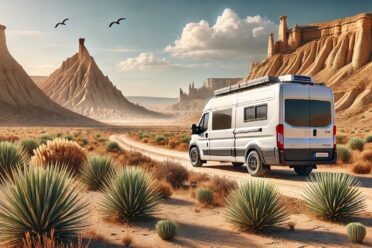 Camping-car voyageant dans un désert rocheux