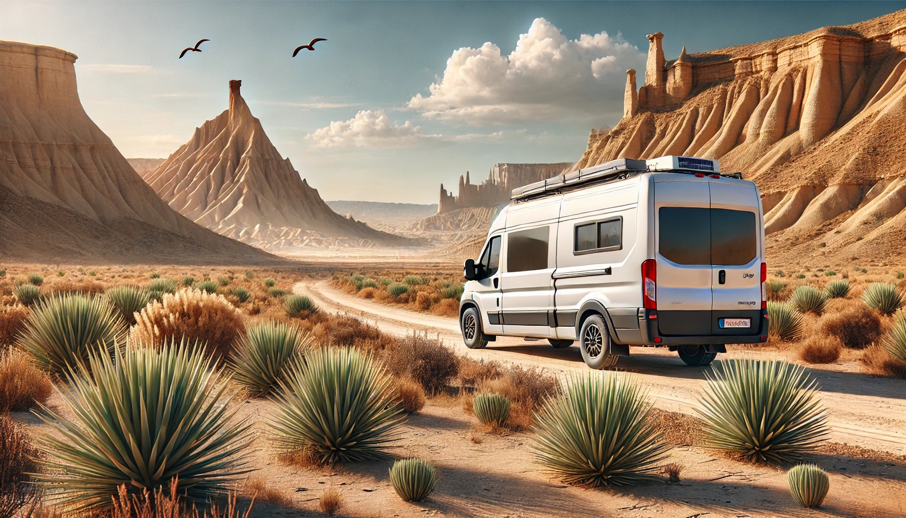 Camping-car voyageant dans un désert rocheux