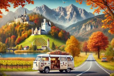 Château européen automnal, montagnes, lac et van vintage