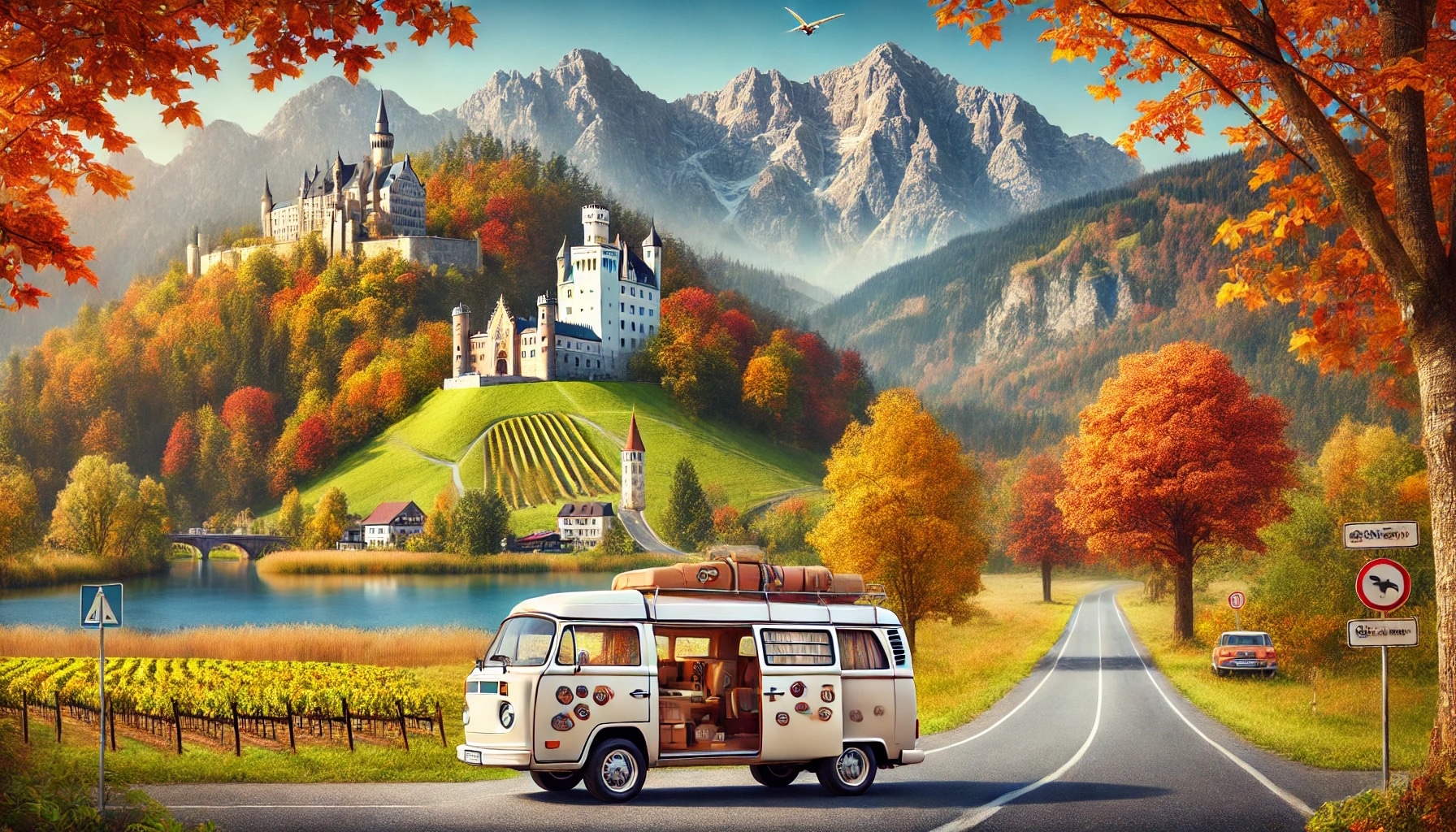 Château européen automnal, montagnes, lac et van vintage