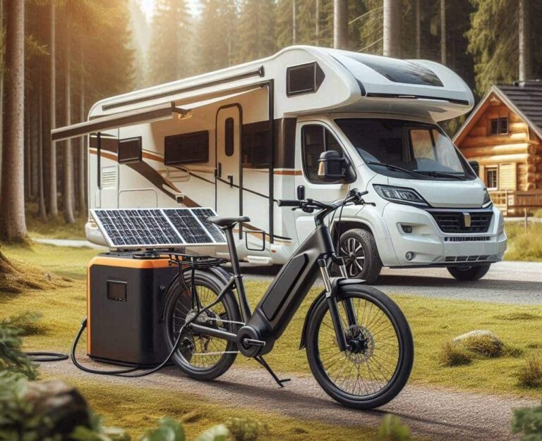 Camping-car moderne avec vélo électrique et panneau solaire
