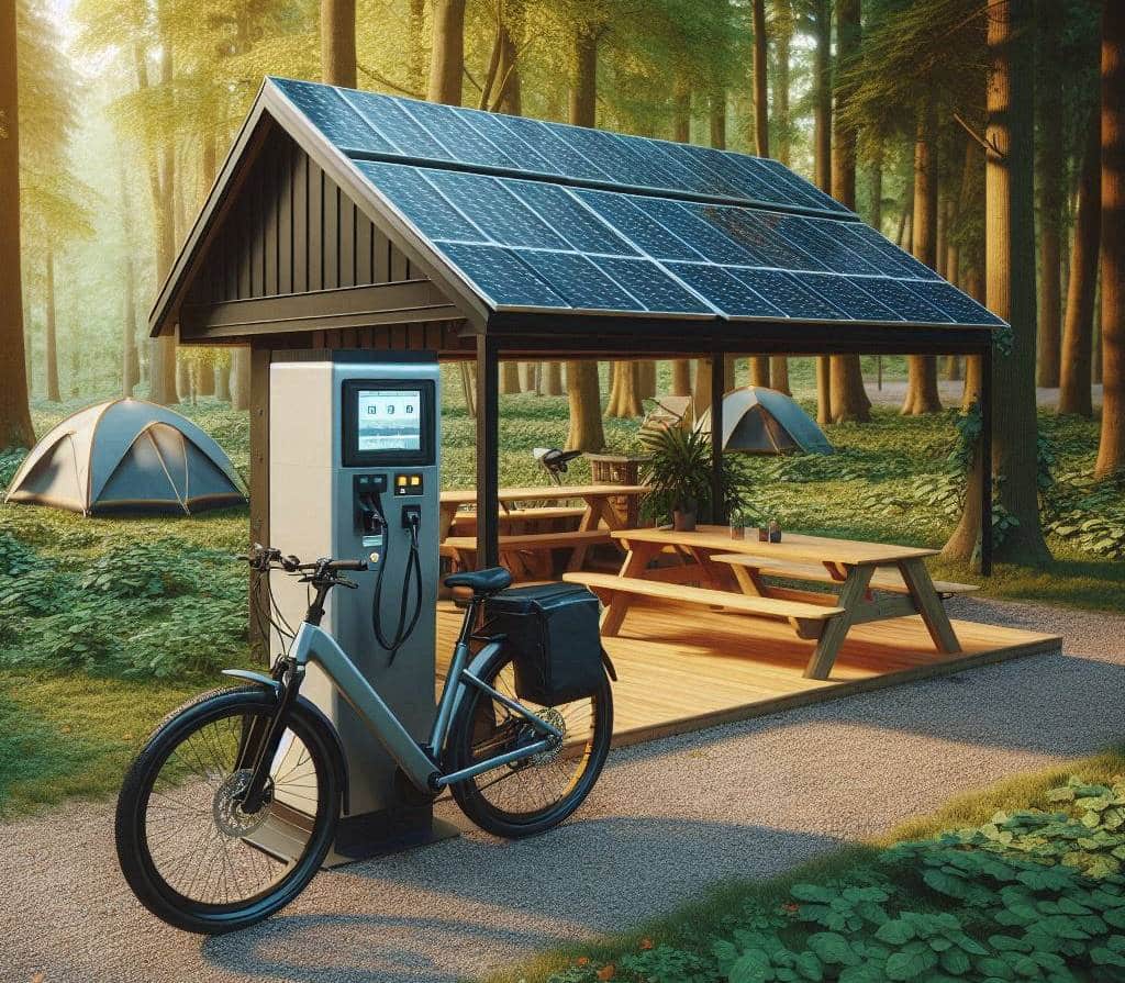 Vélo électrique rechargeable dans un abri solaire en forêt