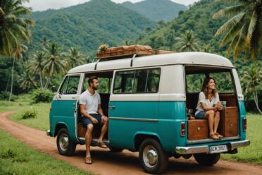 Couple détendu dans un van vintage en forêt tropicale