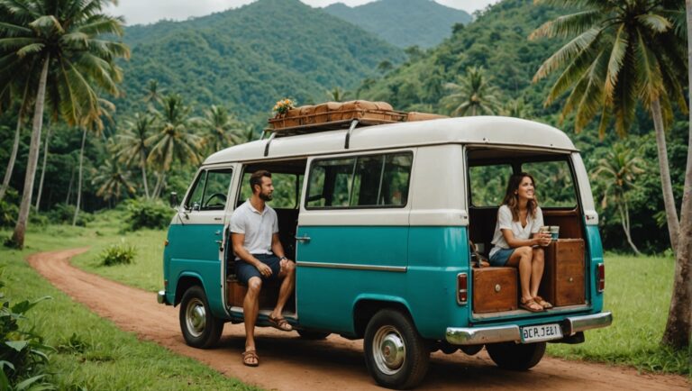Couple détendu dans un van vintage en forêt tropicale