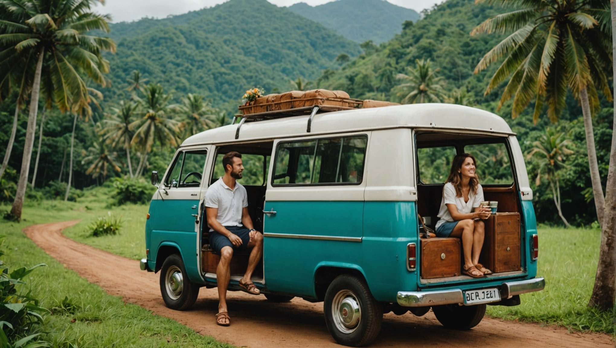 Couple détendu dans un van vintage en forêt tropicale