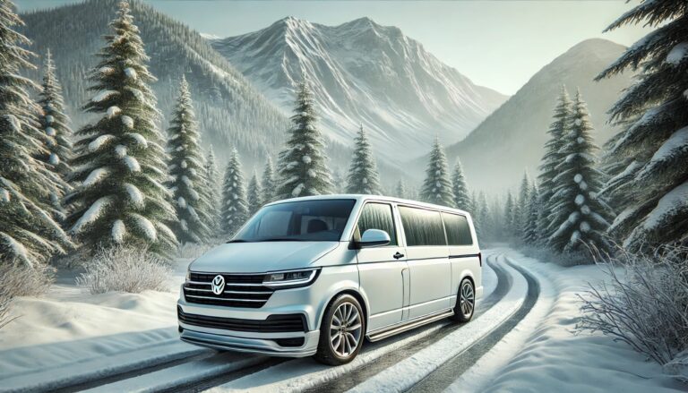 Fourgonnette Volkswagen blanche en paysage enneigé montagneux