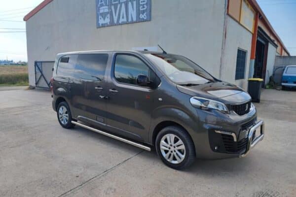 Fourgonnette grise stationnée devant un bâtiment industriel