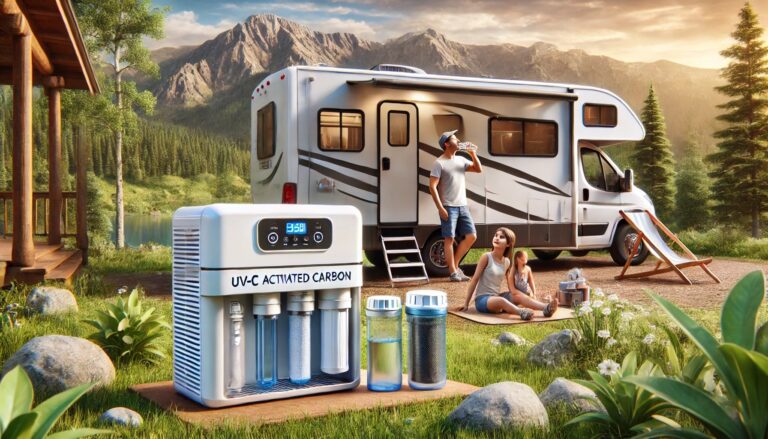 Famille détente camping-car montagne purificateur d'eau