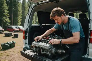 Homme réparant moteur van en forêt