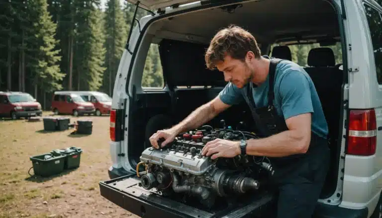 Homme réparant moteur van en forêt