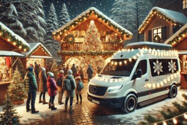 Marché de Noël animé sous la neige, visiteurs et camionnette