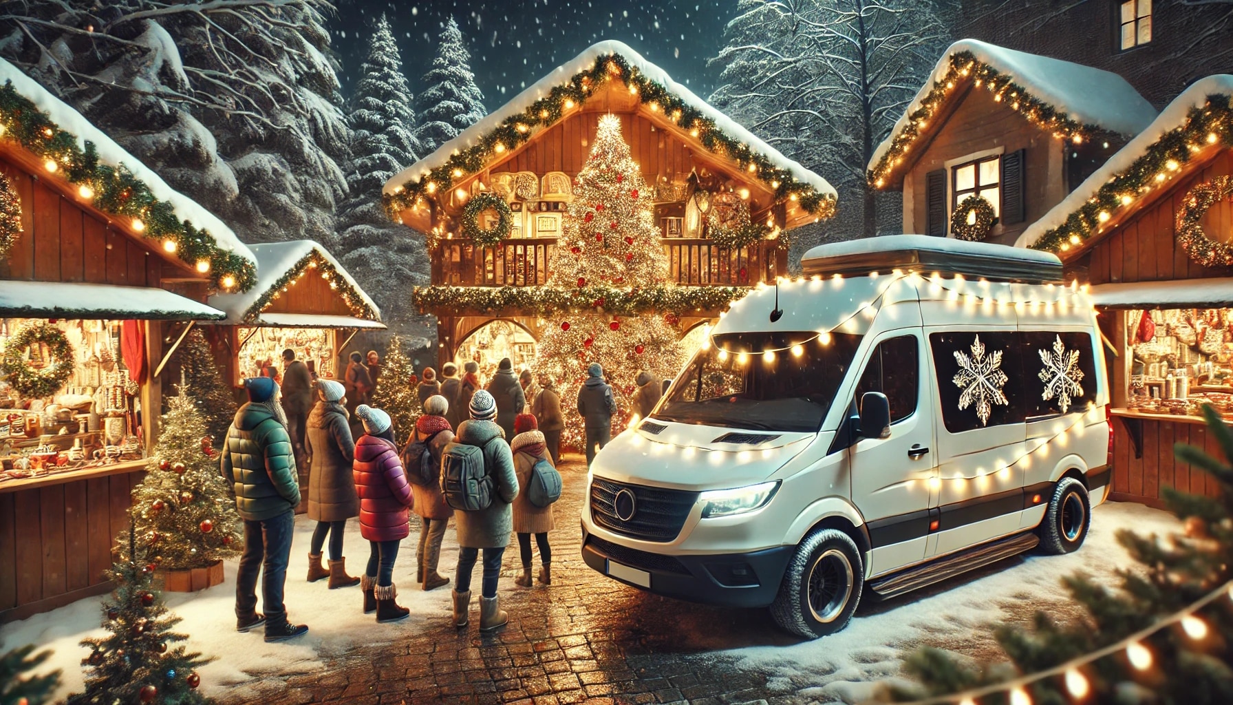 Marché de Noël animé sous la neige, visiteurs et camionnette